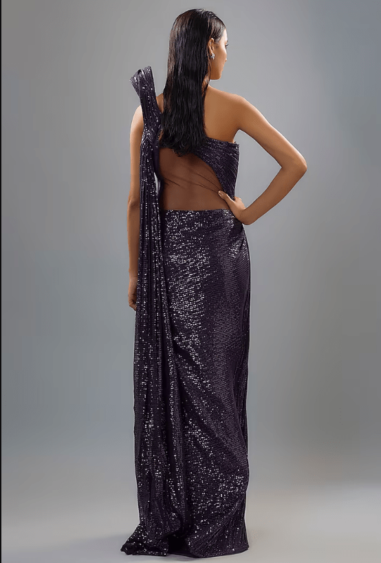 Grape Purple Sequins Bugle Bead Embroidered Sculpted Gown Saree - Image 2