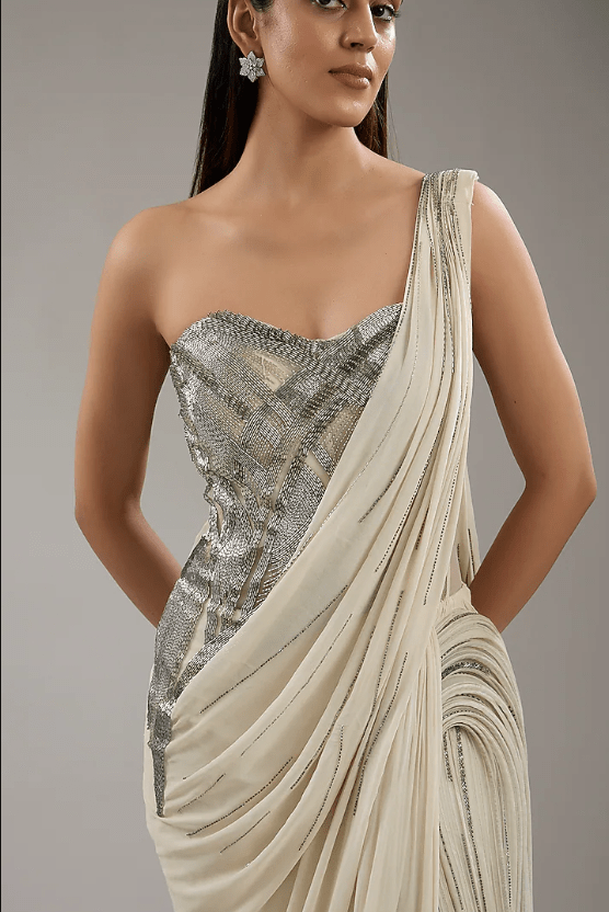 Sage Gold Viscose Georgette Corset Gown Saree - Image 3