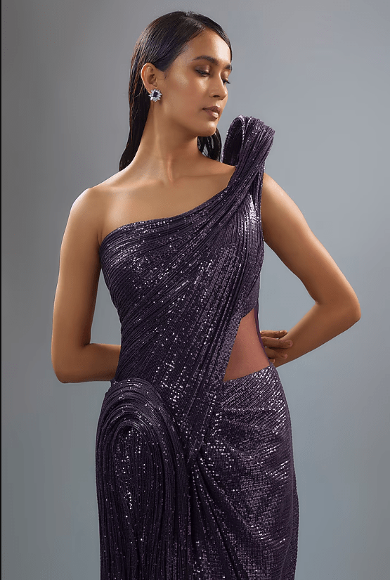 Grape Purple Sequins Bugle Bead Embroidered Sculpted Gown Saree - Image 3