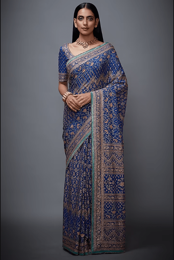 Blue & Pink Chinon Silk Aari Embroidered Saree Set