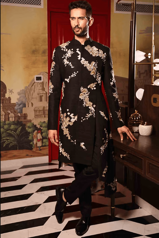 Black Matka Silk Hand Embroidered Sherwani Set