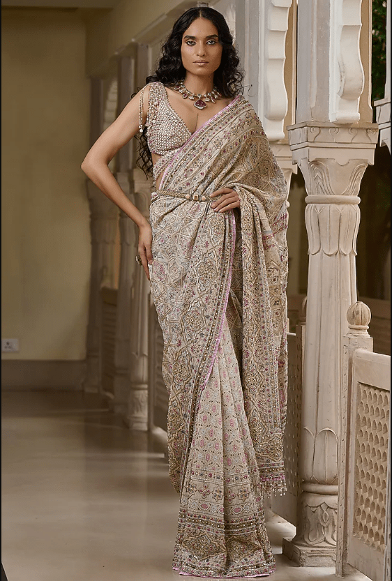 Multi-Colored Georgette Embroidered Saree Set
