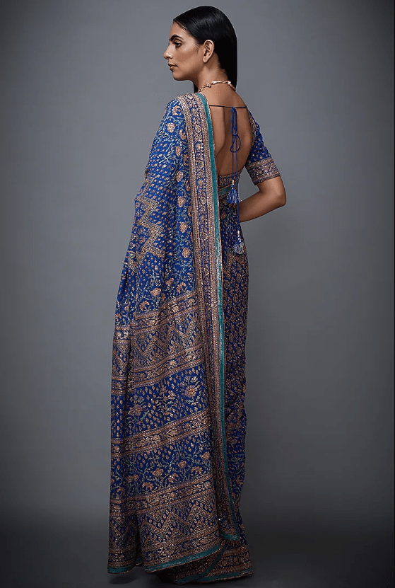 Blue & Pink Chinon Silk Aari Embroidered Saree Set - Image 2