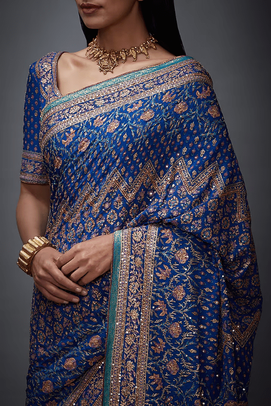 Blue & Pink Chinon Silk Aari Embroidered Saree Set - Image 3
