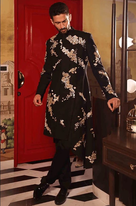 Black Matka Silk Hand Embroidered Sherwani Set - Image 3