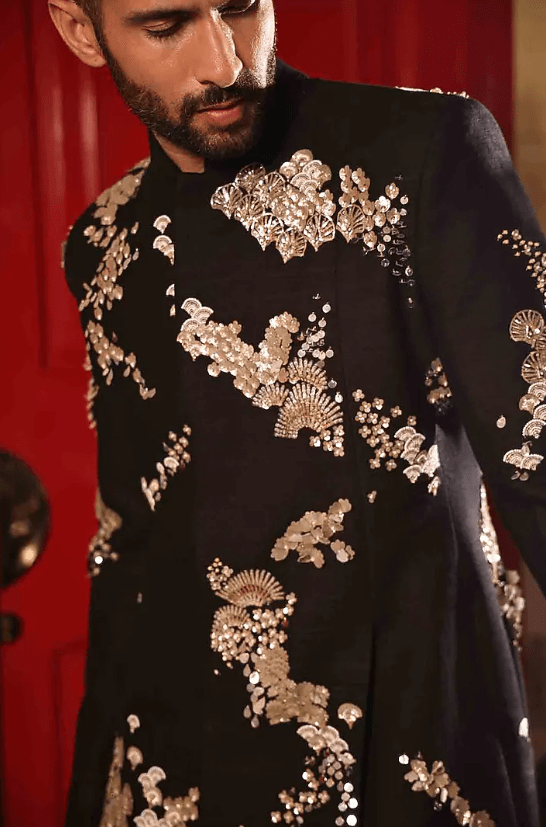 Black Matka Silk Hand Embroidered Sherwani Set - Image 4
