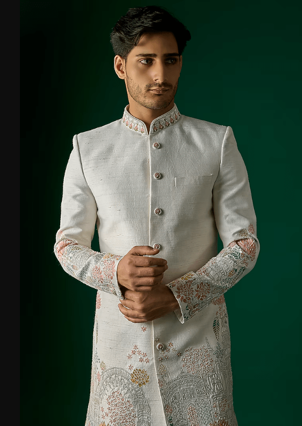 Off-White Silk Sherwani Set - Image 4
