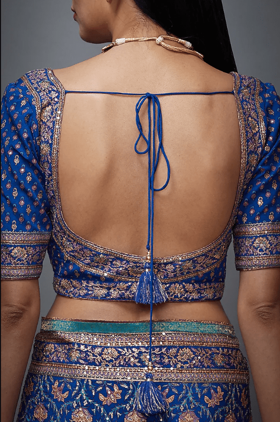 Blue & Pink Chinon Silk Aari Embroidered Saree Set - Image 4