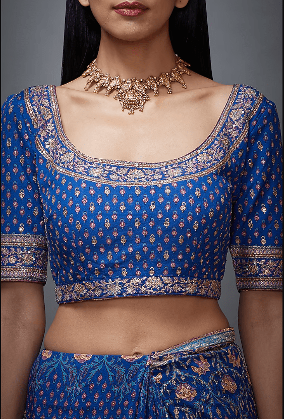 Blue & Pink Chinon Silk Aari Embroidered Saree Set - Image 5