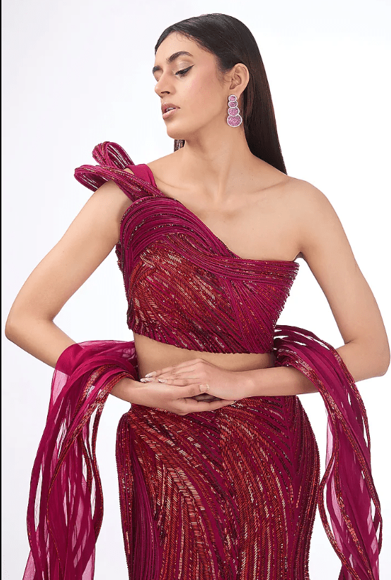 Fuchsia Silk Crepe Lehenga Set - Image 4