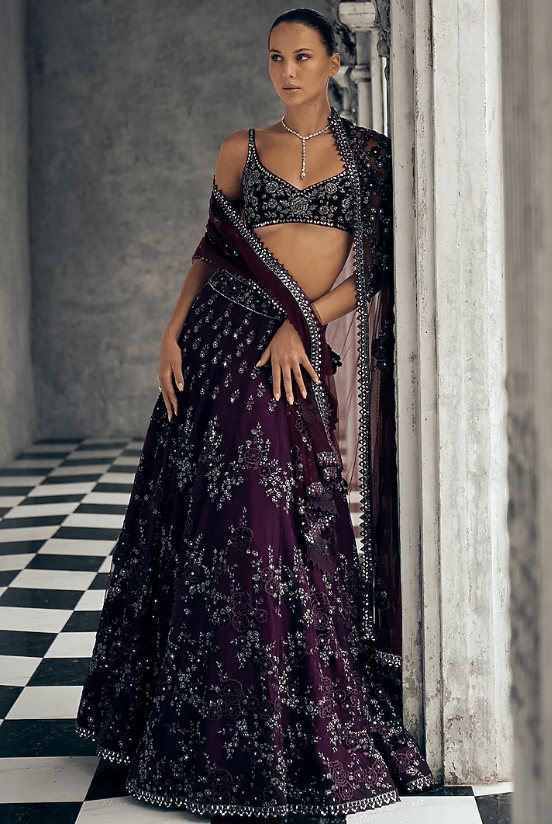Wine Net & Velvet Cutdana Work Lehenga Set