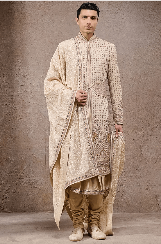 Beige Double Georgette Thread Embroidered Sherwani Set