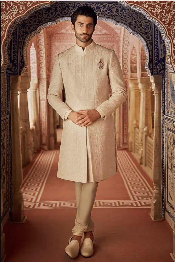 Champagne Raw Silk Thread Embroidered Sherwani Set