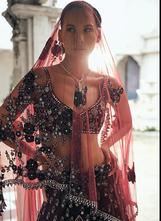Wine Net & Velvet Cutdana Work Lehenga Set - Image 2