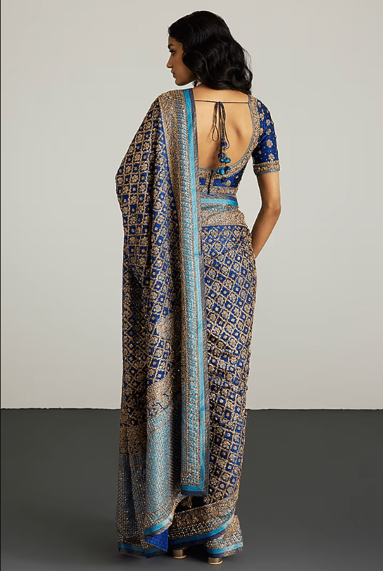 Royal Blue Silk Satin Zardosi Embroidered Saree Set - Image 2