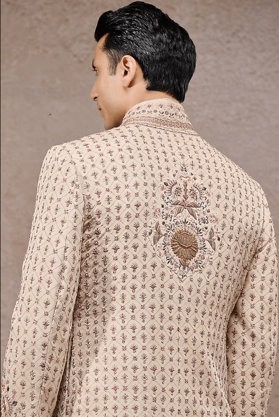Beige Double Georgette Thread Embroidered Sherwani Set - Image 2