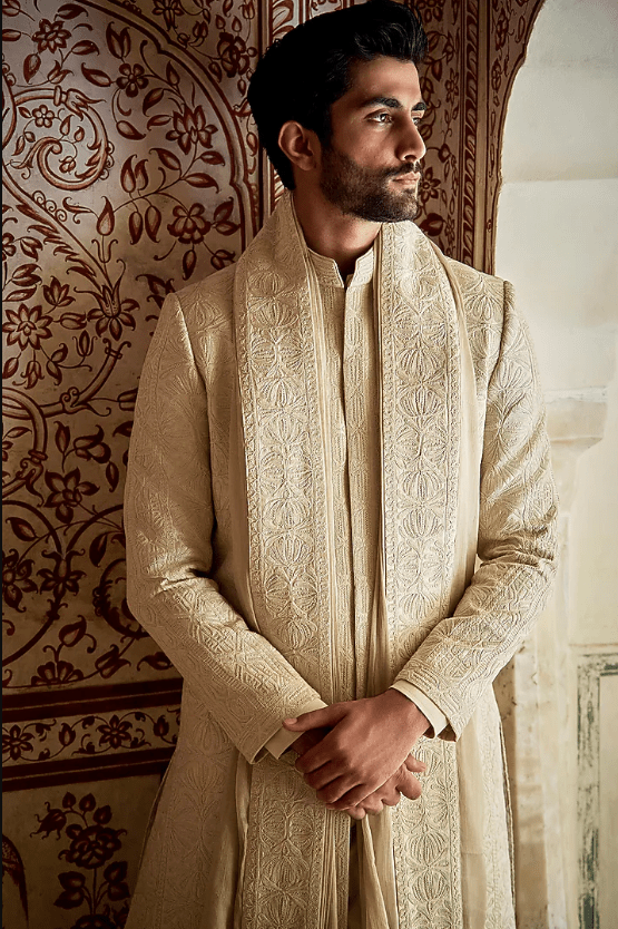 Champagne Raw Silk Thread Embroidered Sherwani Set - Image 2