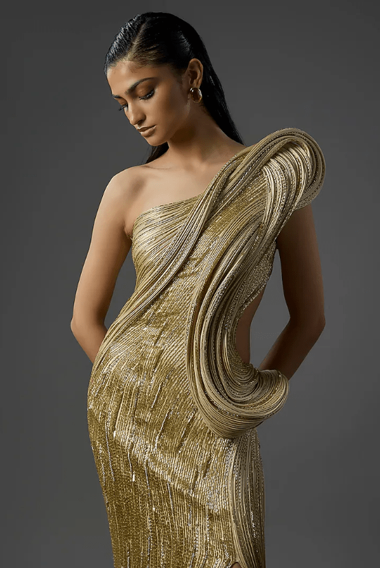 Gold Polyester Crepe Sculpted Gown - Image 3