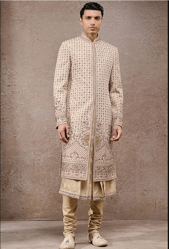 Beige Double Georgette Thread Embroidered Sherwani Set - Image 3