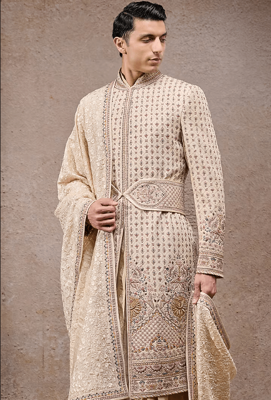 Beige Double Georgette Thread Embroidered Sherwani Set - Image 4