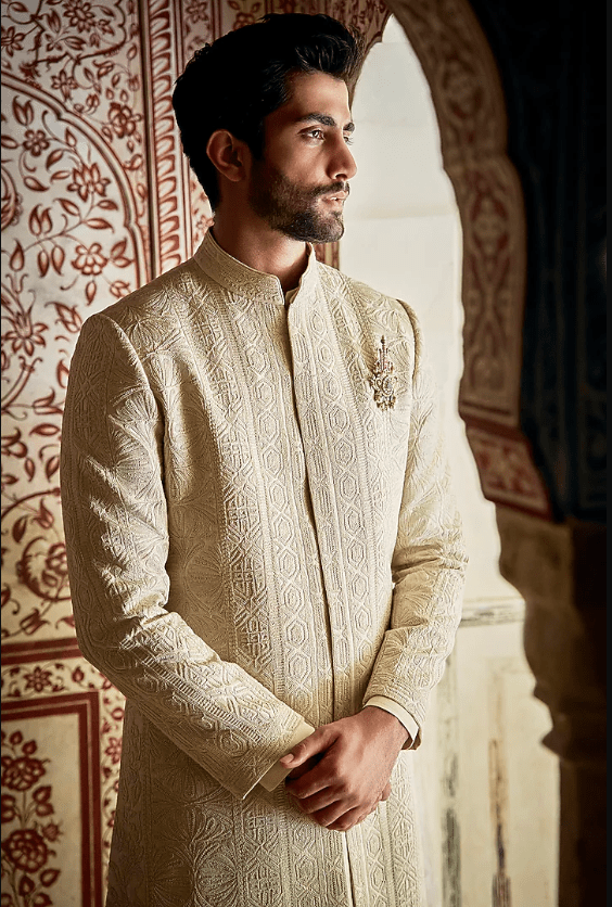 Champagne Raw Silk Thread Embroidered Sherwani Set - Image 4