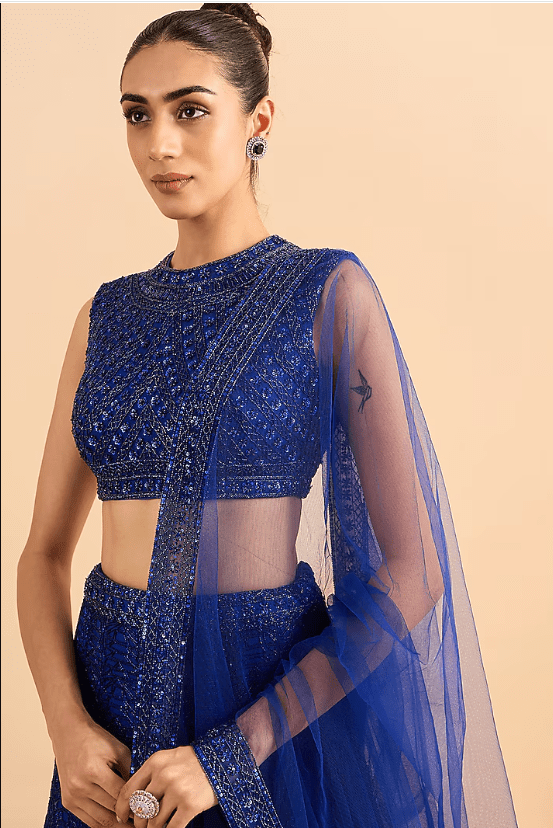 Royal Blue Soft Net Hand Embroidered Lehenga Set - Image 4