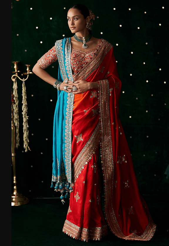 Red Organza Mirror Embroidered Saree Set