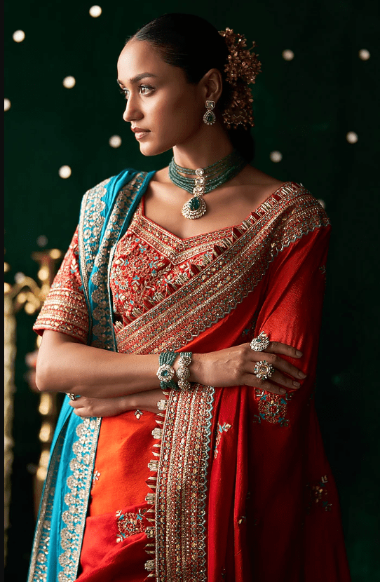 Red Organza Mirror Embroidered Saree Set - Image 4