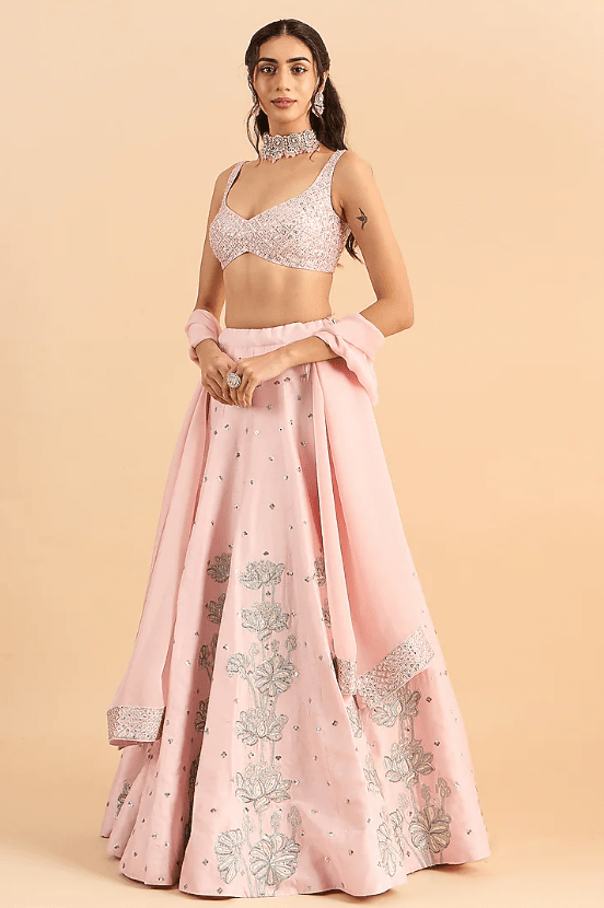 Powder Pink Viscose Raw Silk Hand Embroidered Lehenga Set