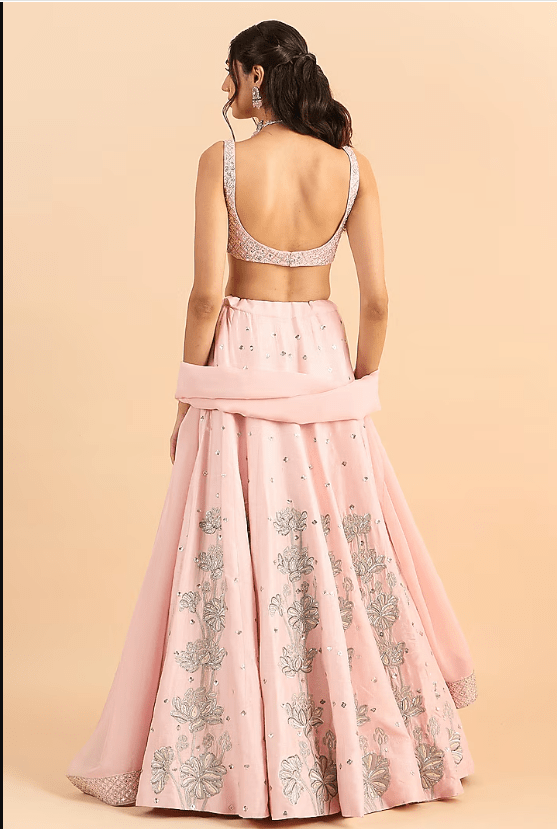 Powder Pink Viscose Raw Silk Hand Embroidered Lehenga Set - Image 2