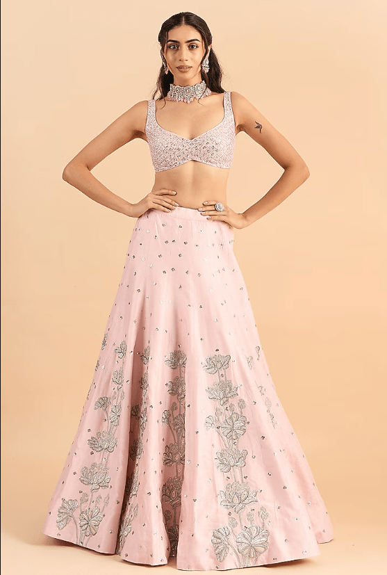 Powder Pink Viscose Raw Silk Hand Embroidered Lehenga Set - Image 3