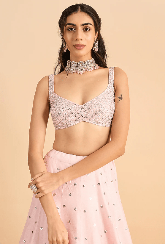 Powder Pink Viscose Raw Silk Hand Embroidered Lehenga Set - Image 4