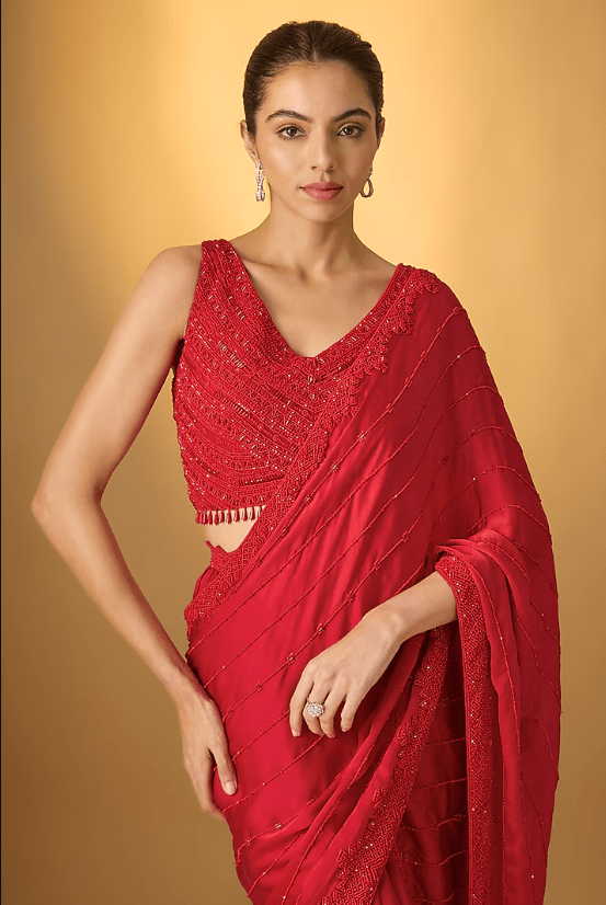 Red Crepe Draped Pant Saree - Image 4