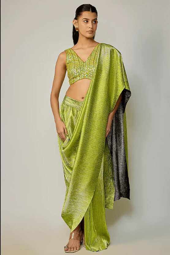 Kelly Green Pleated Fabric Pre-Stitched Saree