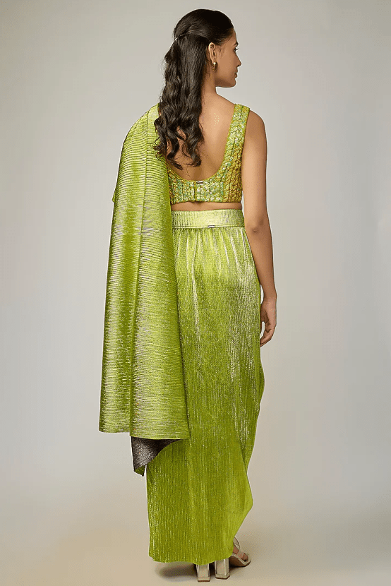 Kelly Green Pleated Fabric Pre-Stitched Saree - Image 2