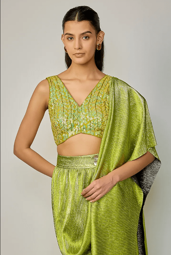 Kelly Green Pleated Fabric Pre-Stitched Saree - Image 3