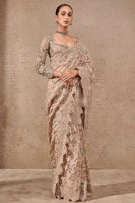 Multi-Colored Tulle Hand Embroidered Saree Set