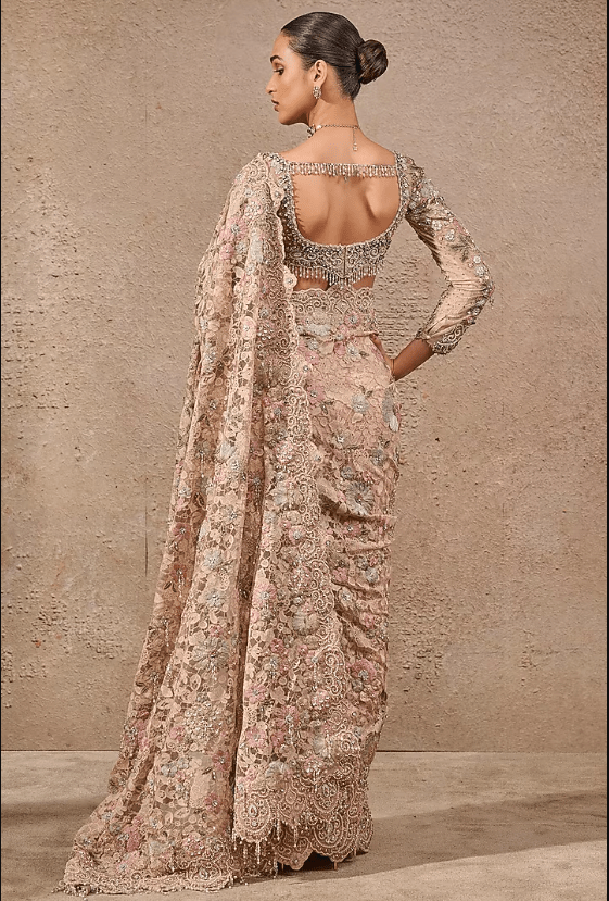 Multi-Colored Tulle Hand Embroidered Saree Set - Image 2