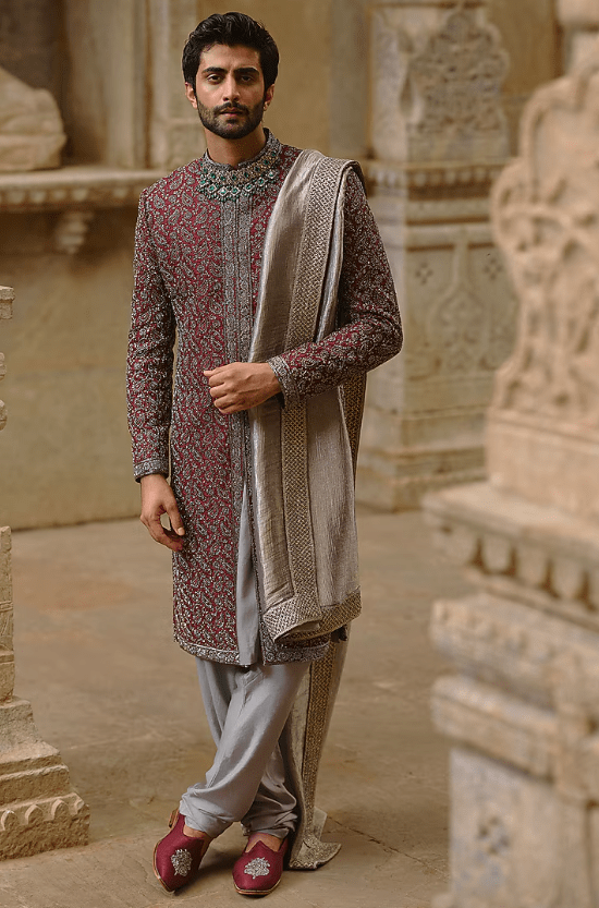 Burgundy Raw Silk Sequins Embroidered Sherwani Set