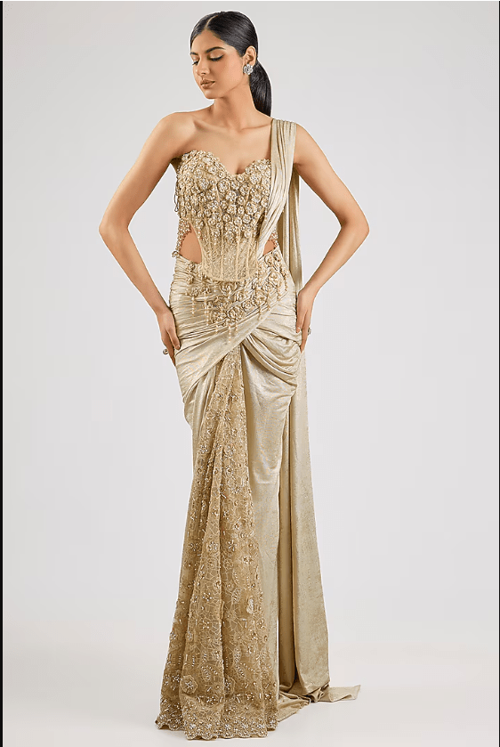Ivory-Gold Jersey Concept Saree Set