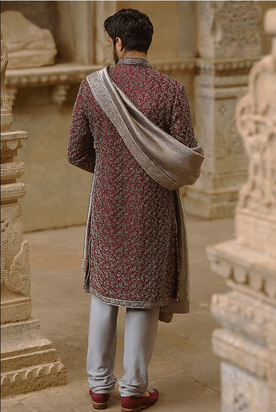 Burgundy Raw Silk Sequins Embroidered Sherwani Set - Image 2