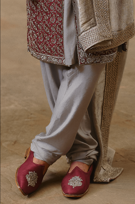 Burgundy Raw Silk Sequins Embroidered Sherwani Set - Image 3