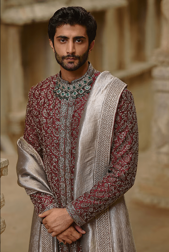 Burgundy Raw Silk Sequins Embroidered Sherwani Set - Image 4