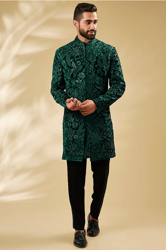 Green Silk Thread Embroidered Sherwani Set