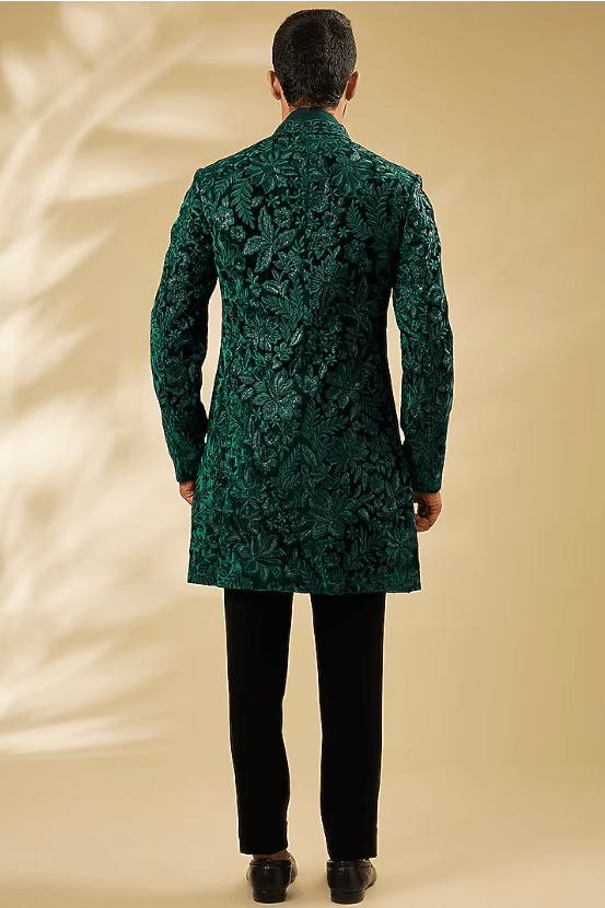 Green Silk Thread Embroidered Sherwani Set - Image 2