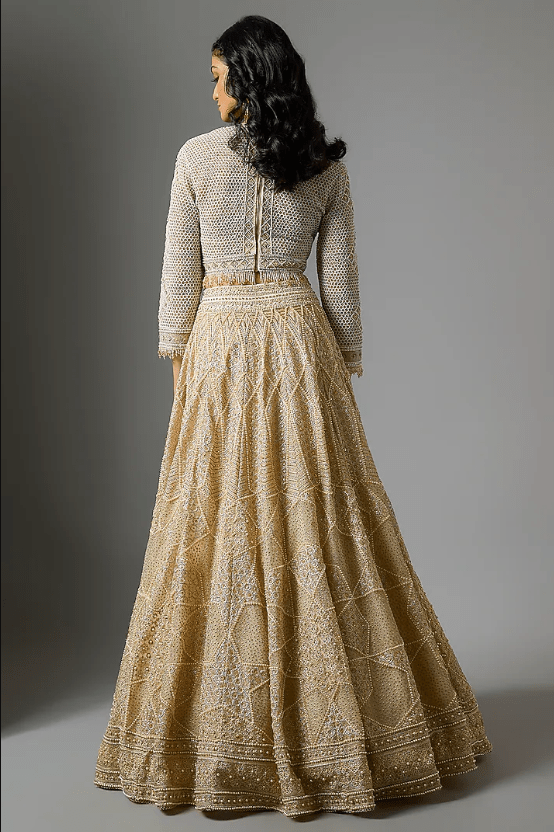 Ivory Tulle Pearl & Sequins Embroidered Flared Lehenga Set - Image 2