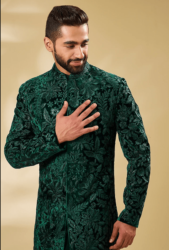 Green Silk Thread Embroidered Sherwani Set - Image 5