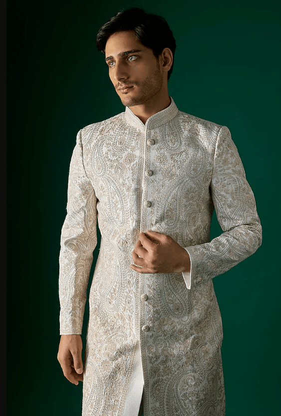 Off-White Silk Sherwani Set - Image 4
