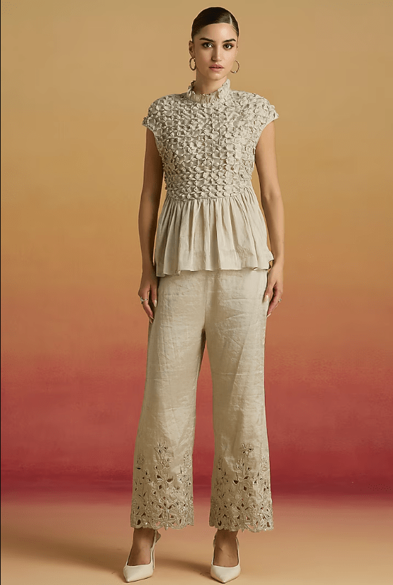 Silver Tissue Cutwork Straight Pants