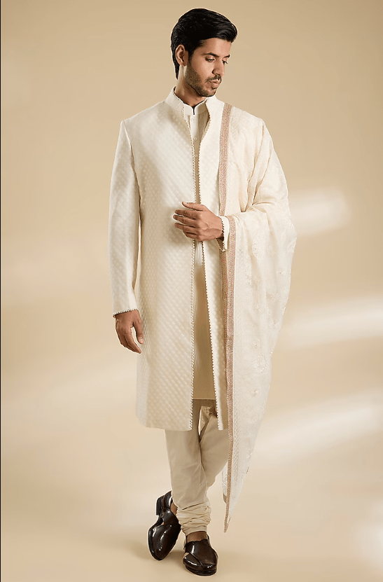 Ivory Raw Silk Sherwani Set